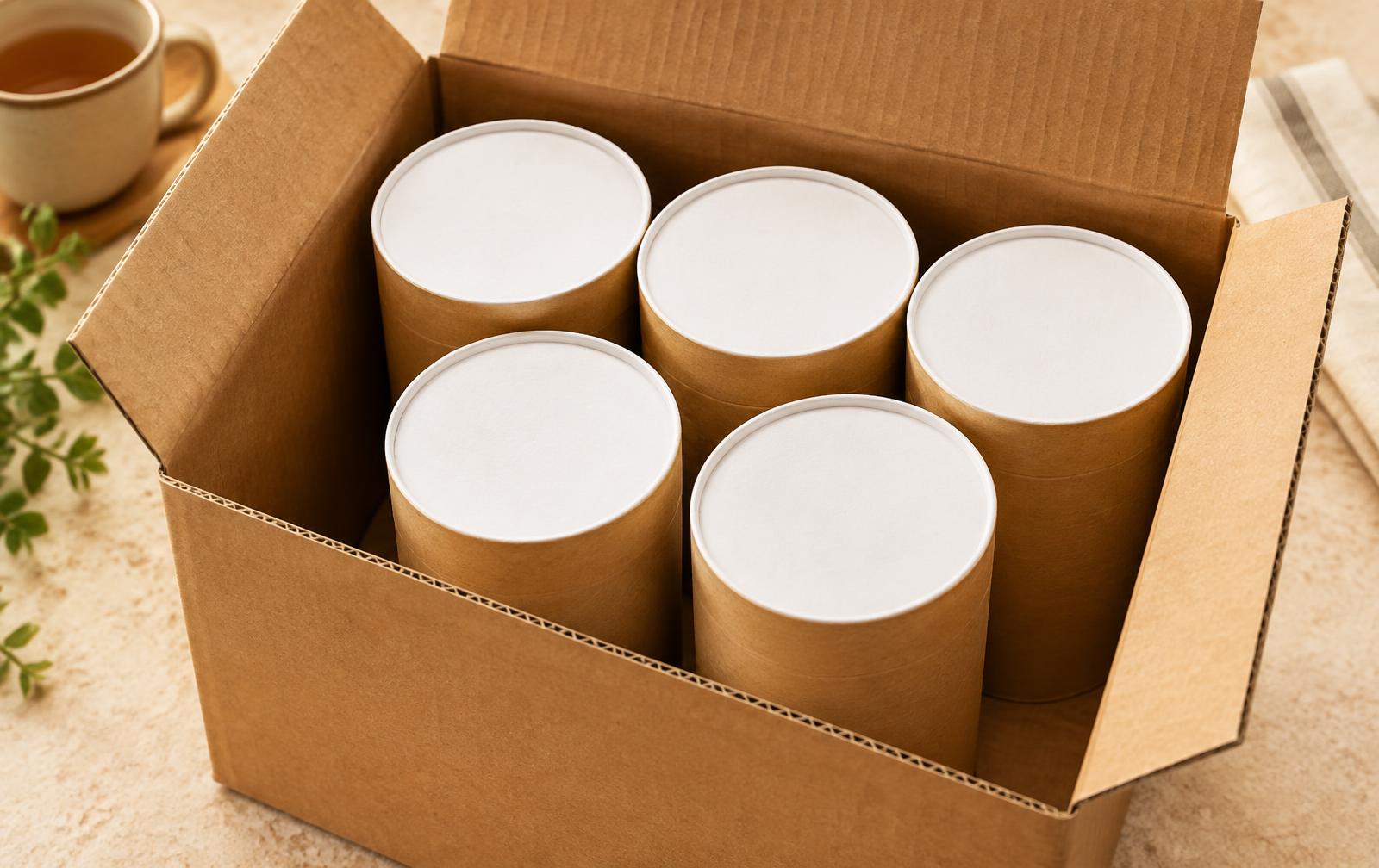 Edible cups packed in kraft cardboard tubes with paper lids inside a shipping carton