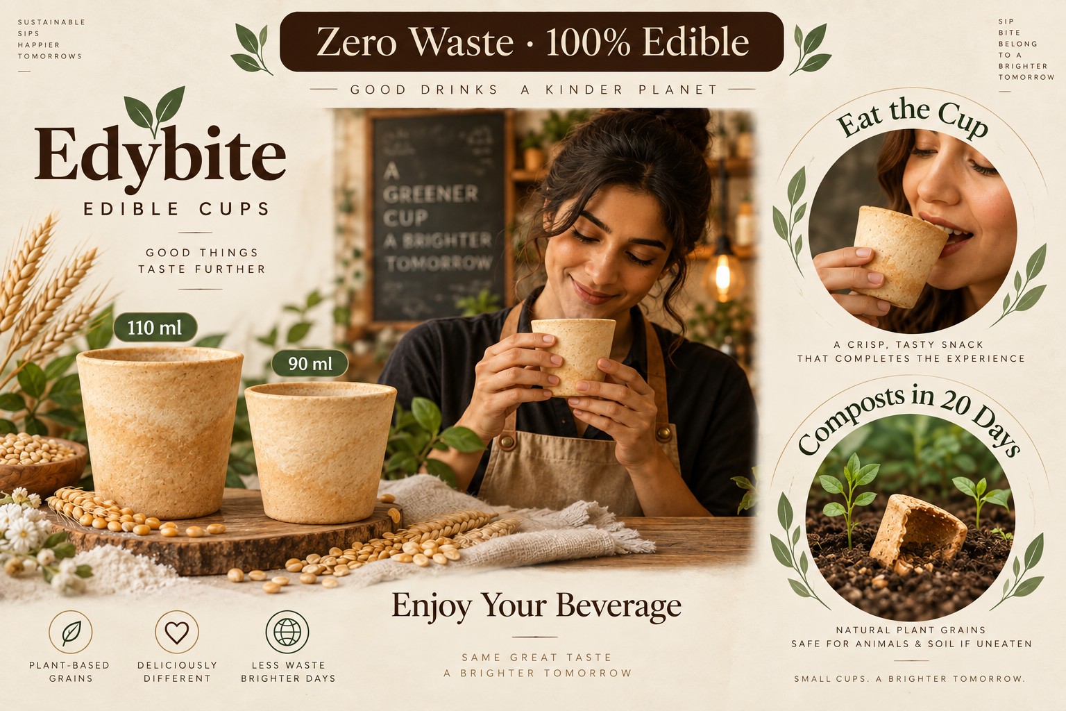 Edybite brand poster showing edible cups, a customer eating the cup, and the line 'A Greener Cup, A Brighter Tomorrow'